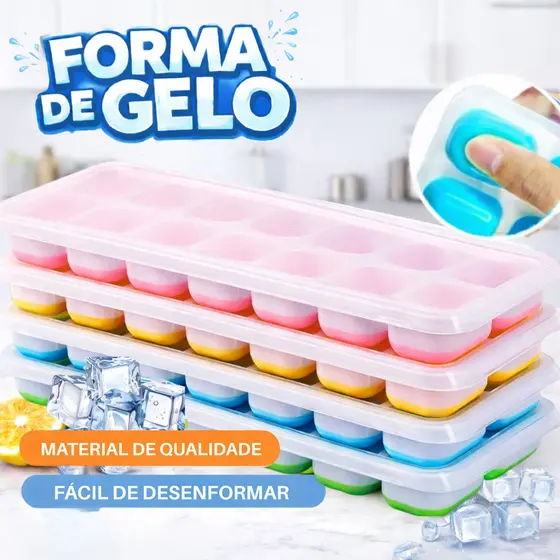 Kit 4 Formas de Gelo Silicone 14 Cubos com Tampa Rígida Fundo Flexível Desenforma Fácil Freezer