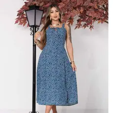 VESTIDO MIDI ROMANTICO COM ESTAMPA FLORAL COM ALÇA E ELASTEX.
