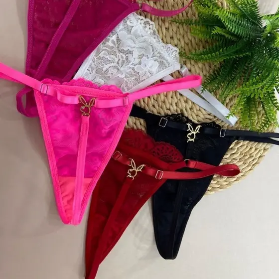 Kit 3 Calcinha Playboy Pingente Super fio dental rendada sensual
