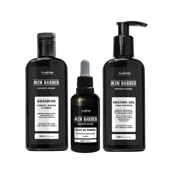 KIT MEN BARBER - SHAMPOO 3 EM 1 + ÓLEO DE BARBA + SHAVING GEL - Plancton Professional
