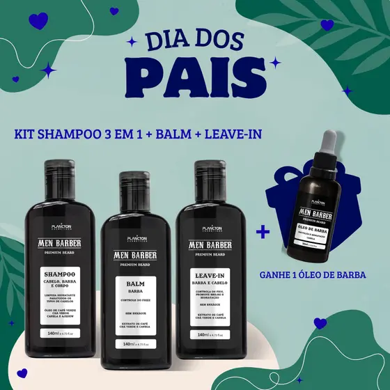 KIT MEN BARBER - SHAMPOO 3X1 + LEAVE-IN + BALM + ÓLEO DE BARBA (BRINDE)