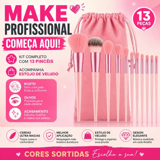Kit Pincéis de Maquiagem 13 Peças com Bolsa de Veludo Profissional para Base Pó Sombra Completo
