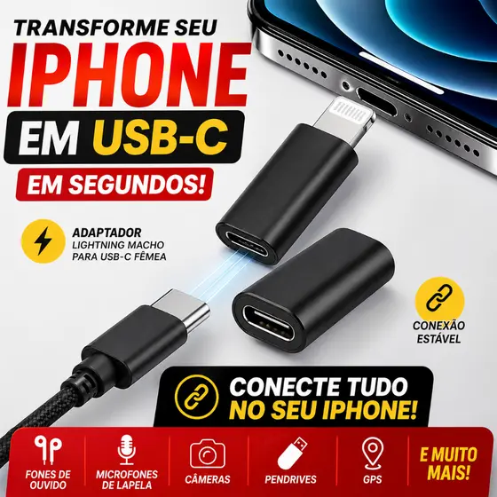 Adaptador USB-C para Lightning iPhone 11 12 13 14 Conversor USB C Fêmea Áudio e Carregamento
