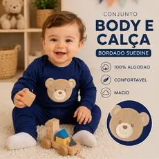 Conjunto Bebê Body e Calça Bordado Suedine 100% Algodão