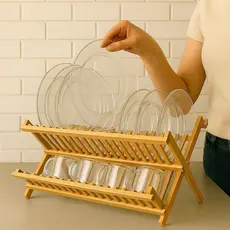 Escorredor Pratos Louça Rack Dobrável Bambu Colher Organização Cozinha Suporte Copos Taças Talheres