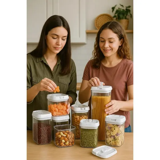 Kit 7 Potes Acrílico Armazenamento  Cereais Recipiente Vasilha Condimentos Arroz Feijão Conserva