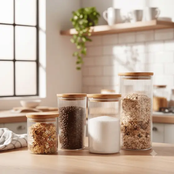 ⭐ Pote de Vidro Listrado com Tampa de Bambu Hermético 700ml a 1.8L - Mantimentos, Cozinha Organizada e Decoração Luxo 💎