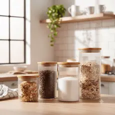 ⭐ Pote de Vidro Listrado com Tampa de Bambu Hermético 700ml a 1.8L - Mantimentos, Cozinha Organizada e Decoração Luxo 💎