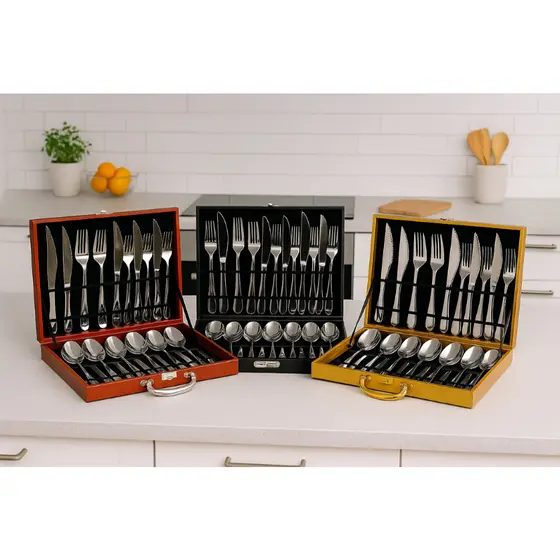 Conjunto Talheres 24Peças Luxo Elegante Maleta Organizador Marrom Dourada Preta Garfo Faca Colher