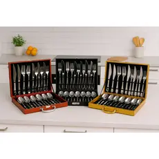 Conjunto Talheres 24Peças Luxo Elegante Maleta Organizador Marrom Dourada Preta Garfo Faca Colher