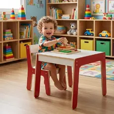 Mesinha Infantil Madeira com Cadeirinha Vermelha Completa