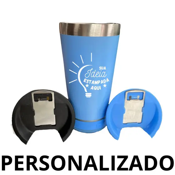 Personalizado - Bluetooth - Copo Térmico Som Led e TAMPA com ABRIDOR (420 ml) - Azul Claro
