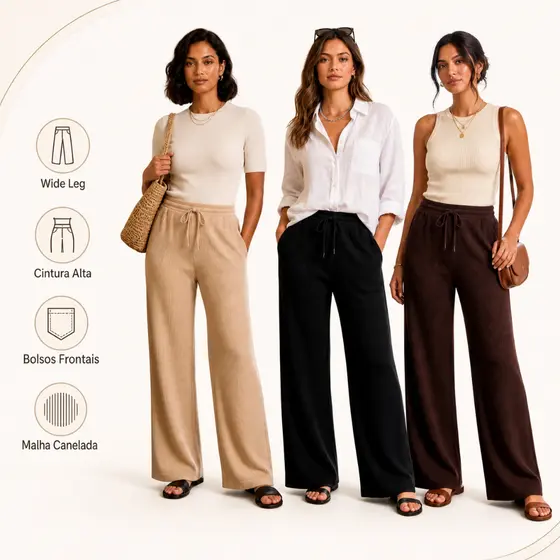 Calça Feminina Wide Leg Pantalona Malha Canelada Cintura Alta Conforto Casual Bolsos Frontais