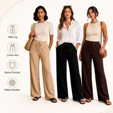 Calça Feminina Wide Leg Pantalona Malha Canelada Cintura Alta Conforto Casual Bolsos Frontais