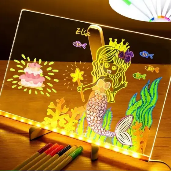 Luminária 3D Lousa Quadro Mágico | LED Colorido de Mesa com Canetas para Desenhar e Anotar