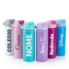 Garrafa Squeeze Personalizada NOME 600ml - Alumínio Canudo Alça BicoFlip Antivazamento Escola Criança Infantil