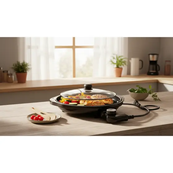 Grill Eletrico Redondo Antiaderente Termostato Ajustavel 220V Preto Pratico Cozinha Churrasqueira