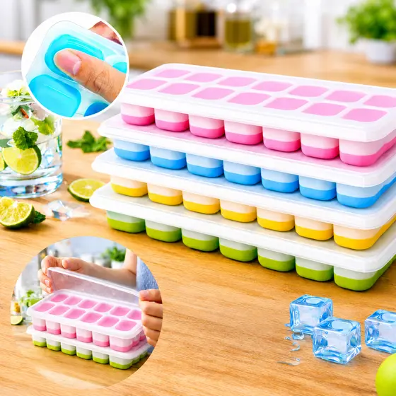 Kit 2 a 4 Formas de Gelo Silicone Com Tampa Rígida Flexível Fundo Retangular  Multiuso Lavável