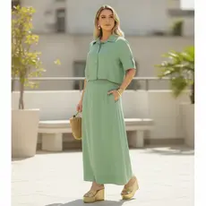 Conjunto Feminino Saia Longa Blusa Viscose Casual Elegante Em Viscolinho Com Bolso
