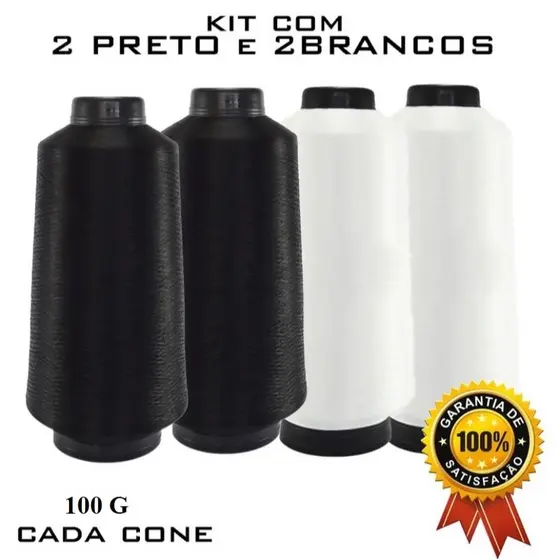 Fio Para Overlock 100% Poliéster Kit 4 Cones Branco e Preto - Overloque