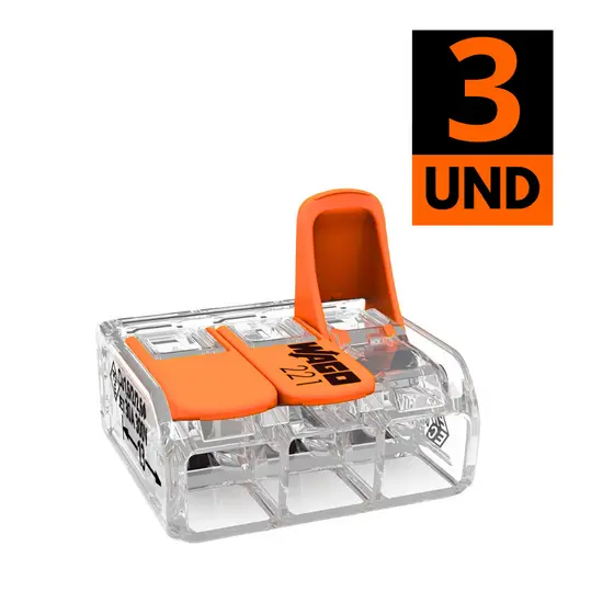 Kit 3 Conectores Emenda Para Fios 3 Polos Flexível 0,5 – 6,0 mm² 41A Wago Isola Compacto 221-613