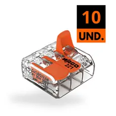Kit 10 Conectores De Emenda Para Fios Elétrico 3 Polos Flexível 0,14 4,0 mm² 32A Wago Isola Compacto
