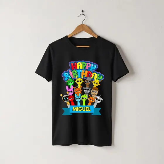 Camiseta Aniversário Sprunki Com Nome Adulto e Infantil Jogo Game Criança Camisa Algodão Masculina Feminina Unissex