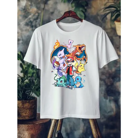 Camiseta Pokémon Adulto e Infantil  Mewtwo Bulbasaur Pikachu Squirtle Charizard Desenho Camisa Algodão Unissex