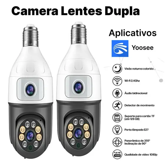 Kit 1 / 2 Unidades Câmera De Segurança Wifi 2 Lentes Dupla Full HD Visão Noturna Microfone Ip App Yoosee