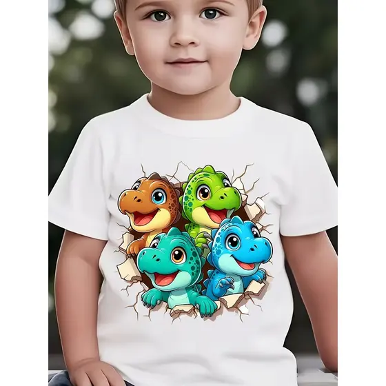 Camiseta de Manga Curta Masculina "Quatro Dinossauros Quebrando a Parede!!"