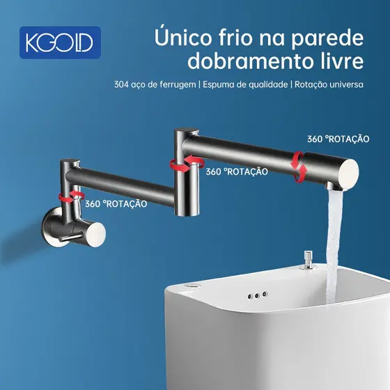 Torneira De Cozinha De Parede Dobrável Em Aço Inoxidável De 1/2 Polegada De Frio Simples Cor Prata Escovada