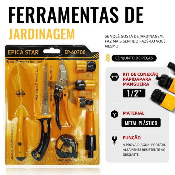 Kit Jardim 8 Peças - Tesoura Poda, Regador + Acessórios - Completo