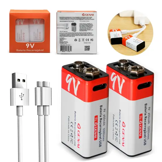 【GENAI】Kit 2 Baterias Recarregável 9v + Carregador Bateria Pilha
