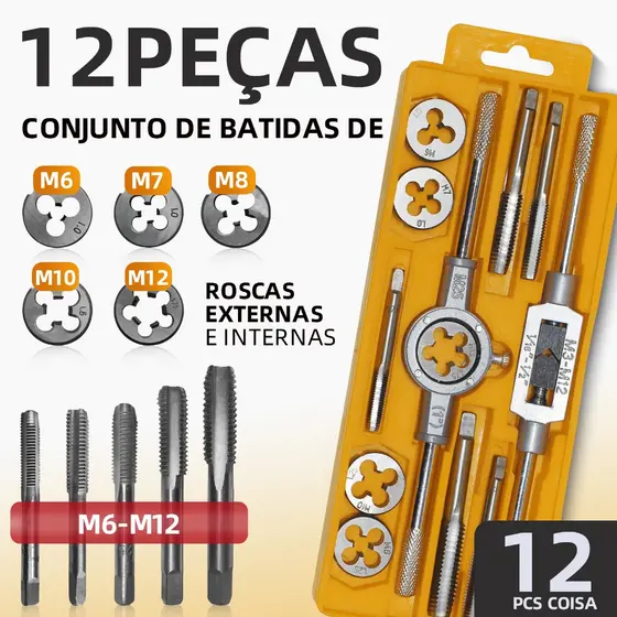 Kit para Rosqueadeira | Machos e Cravadores M6-M12 12 Peças Rosca Interna/Externa em Aço