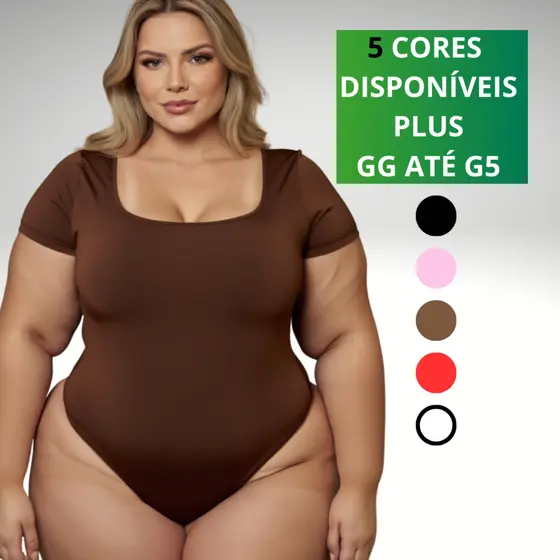 Body Feminino Plus Size GG a G5 Manga Curta Decote Quadrado Forro Duplo Tendência Basico Blusa