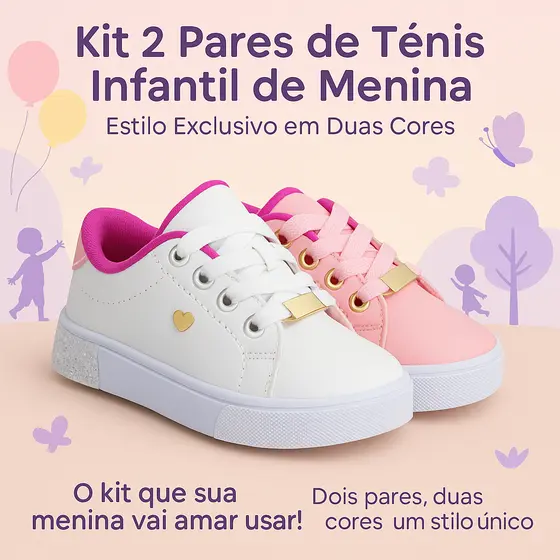 Tênis Infantil Feminino Kit com 2 Pares Moderno Leve e Confortável do 25 ao 36