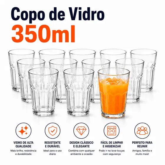 Copos De Vidro 350ml Kit Com 24 Copos de Vidro Resistente e Durável