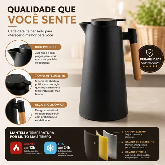 Garrafa Térmica Nórdica 1L Com Tampa Hermética Mantém Café Quente Por Mais Tempo