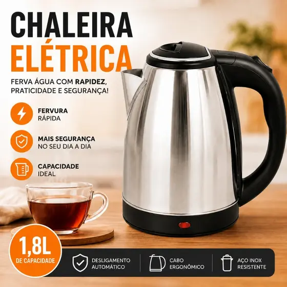 Chaleira Elétrica Inox 1,8L 110V ou 220V Com base 360 Rápida e Desligamento Automático
