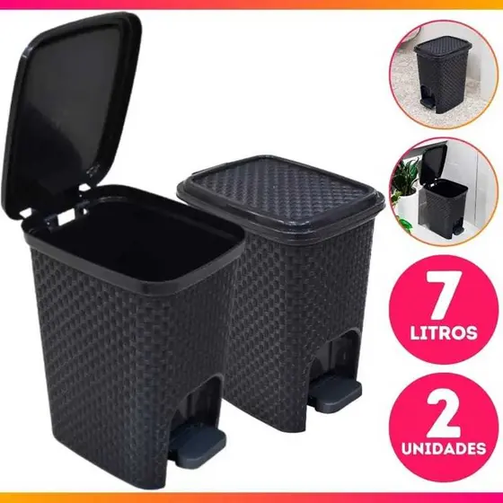 2 Lixeiras Com Pedal 7 Litros Com Tampa Preto Rattan Casa Escritório Banheiro Cozinha Lixo Lixeira - Arqplast