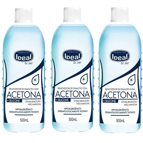 Kit C/3 Removedor De Esmaltes Com Acetona + Silicone Ideal 500ml