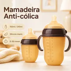 Mamadeira Anti-cólica 150ml/240ml - Silicone Alimentício, Resistente -20°C a 120°C, 0-36 Meses com Alça