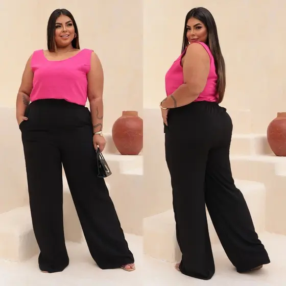 Calça Pantalona Plus Size Feminina Preta Cintura Alta Duna Alfaiataria Lisa GG G1 G2 G3