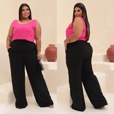 Calça Pantalona Plus Size Feminina Preta Cintura Alta Duna Alfaiataria Lisa GG G1 G2 G3