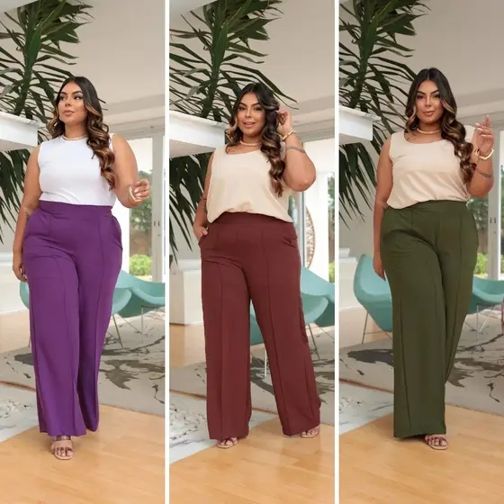 Calça Pantalona Plus Size Feminina Duna Cintura Alta Alfaiataria GG G1 G2 G3