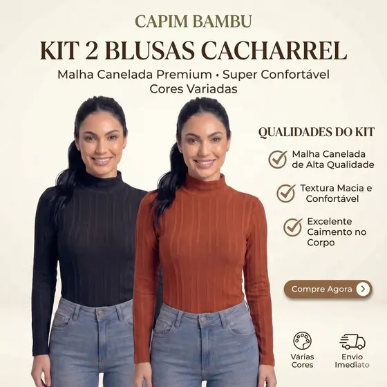 Kit 2 Cacharrel Canelada Flanelada Blusa de Frio Sueter Gola Alta Manga Longa Tendência Inverno 2026