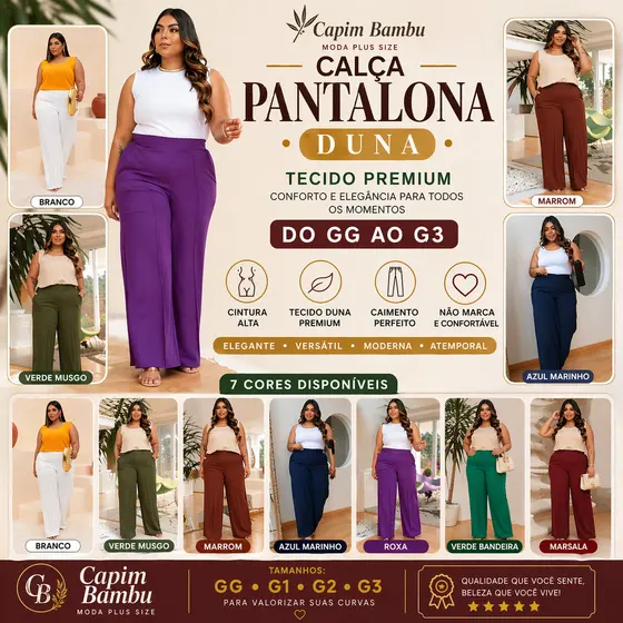 Calça Pantalona Plus Size Feminina Duna Cintura Alta Coleção Estação Inverno GG G1 G2 G3