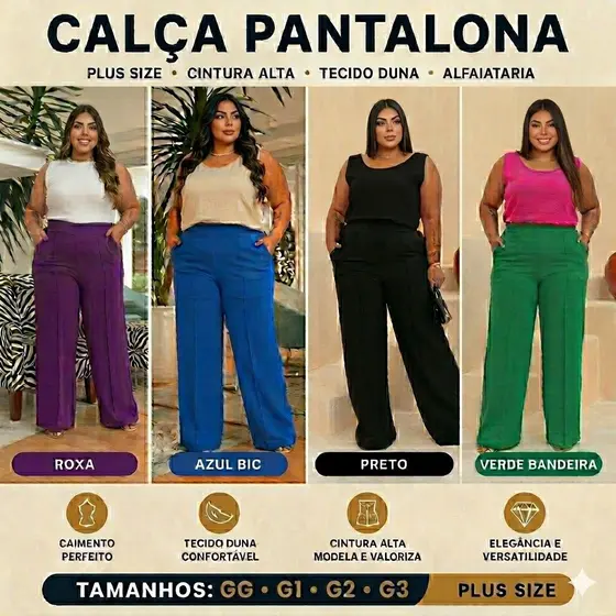 Calça Pantalona Plus Size Feminina Duna Cintura Alta Nova Coleção Estação Inverno GG G1 G2 G3
