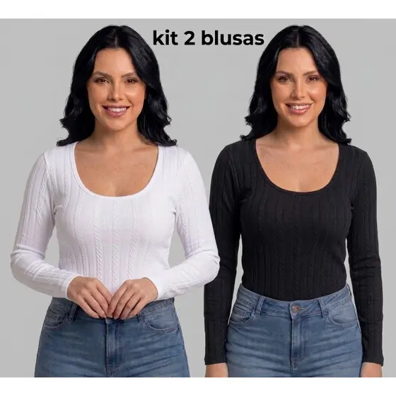Coleção Inverno Kit 2 Blusas Canelada Manga Comprida Gola Redonda Tamanho Único Tecido Premium Ajuste Perfeito