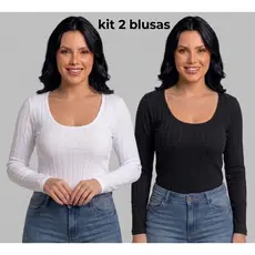 Coleção Inverno Kit 2 Blusas Canelada Manga Comprida Gola Redonda Tamanho Único Tecido Premium Ajuste Perfeito